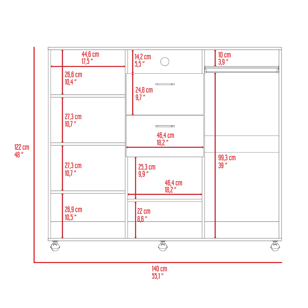 Double Door Cabinet Dresser Quizz, Two Drawers, Single Cabinet, Rod,