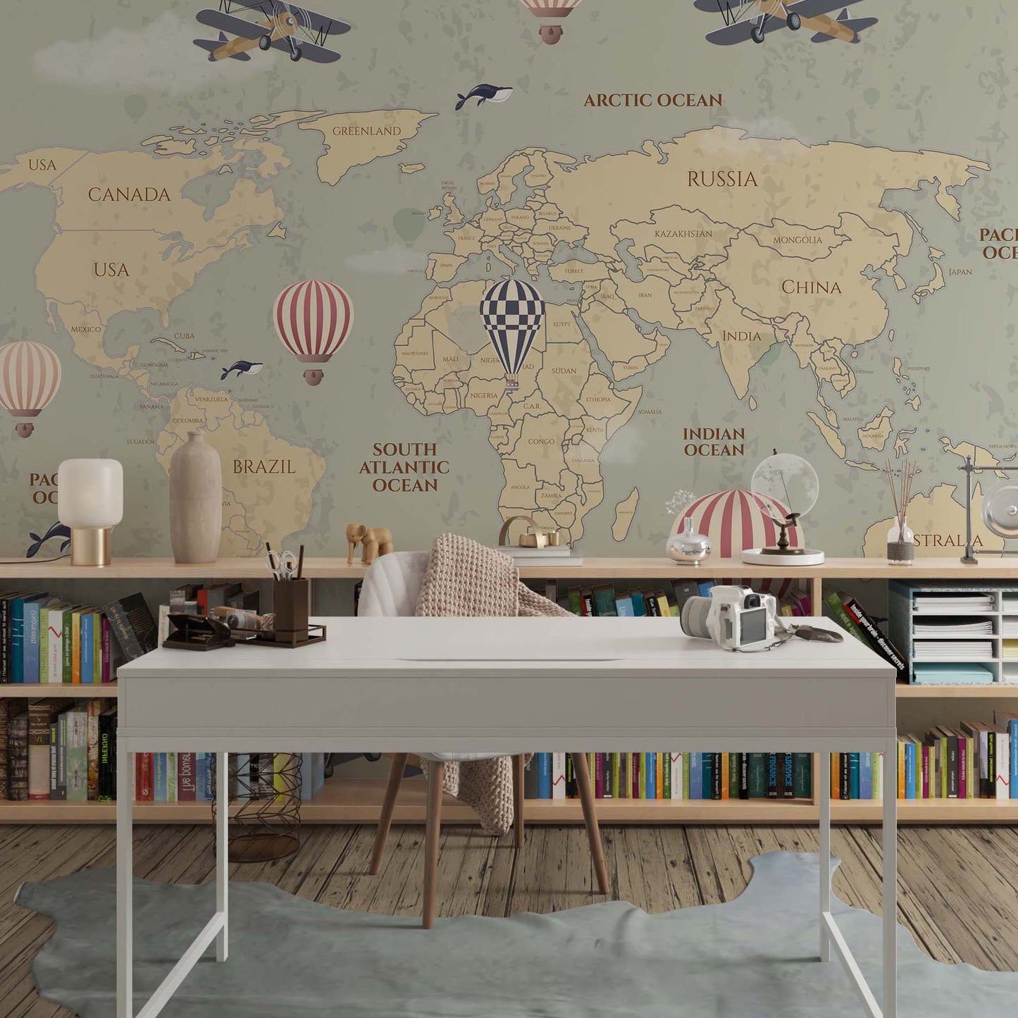 Beige world explorer map mural